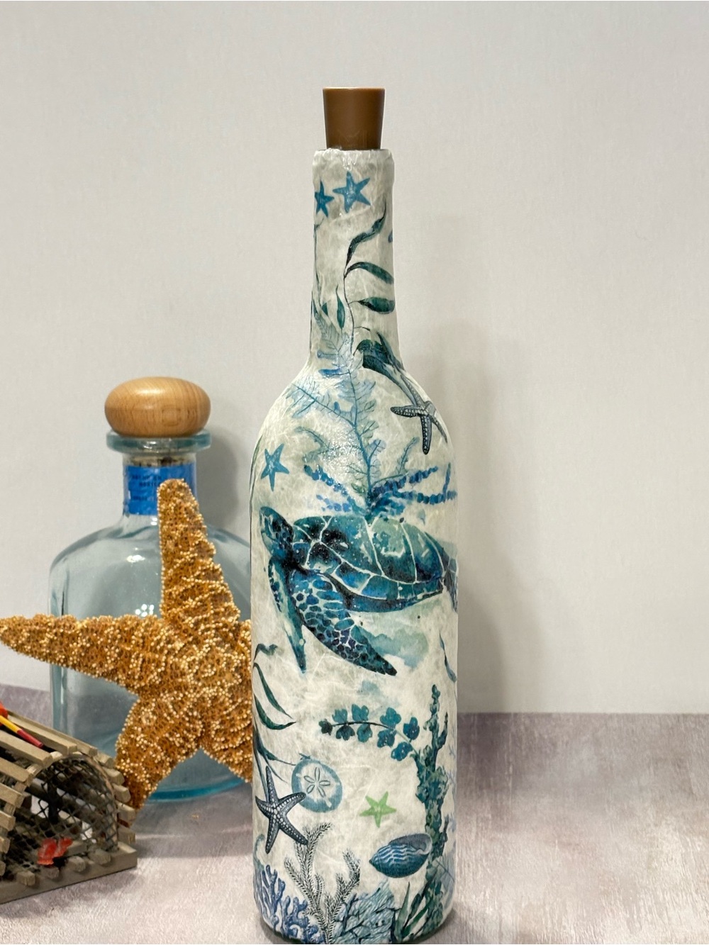 Nautical Decorated Bottle, Ocean Decor, Decoupage, Home Decor, Gifts